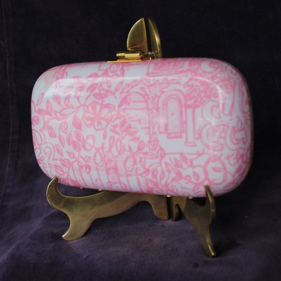 rare Lilly Pulitzer Jubilee clutch purse pill box Lucite enamel Pink toile - Picture 5 of 9